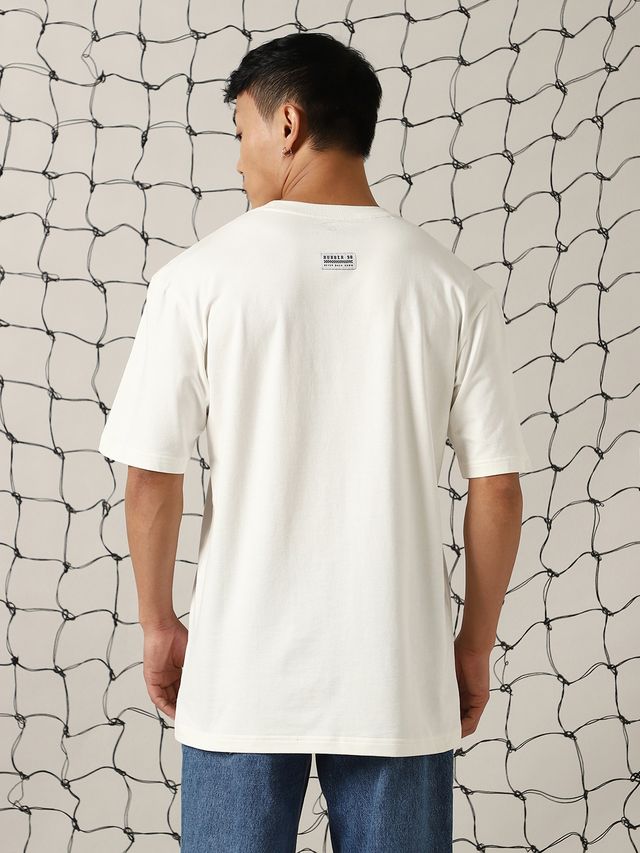 Hubberholme Men's Street Graphic Printed Oversized Fit T-shirt | White - S