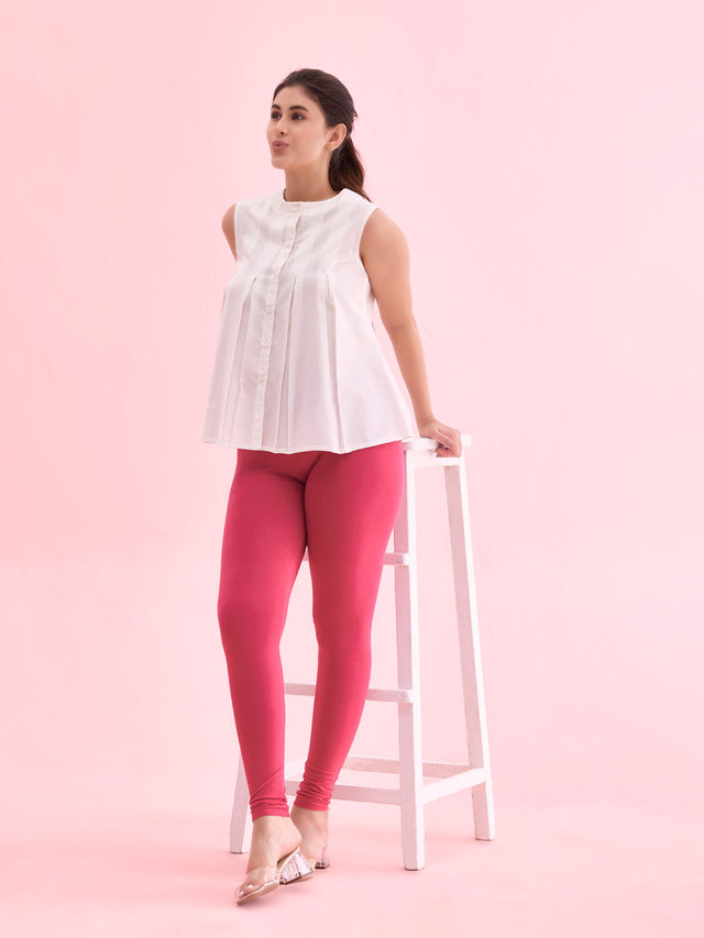 Go Colors Women's Solid Mid Rise Ankle Length Leggings | Fuchsia - M