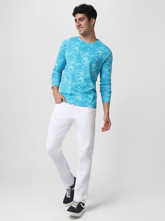 Urbano Fashion Men's Aqua Blue Printed Full Sleeve Slim Fit Cotton T-Shirt-Xl