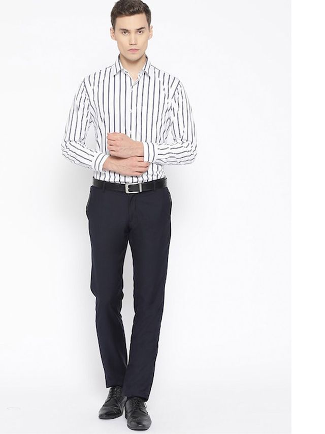 Hancock Men's Striped Spread Collar Long Sleeves Pure Cotton Formal Shirt - White & Blue | 44