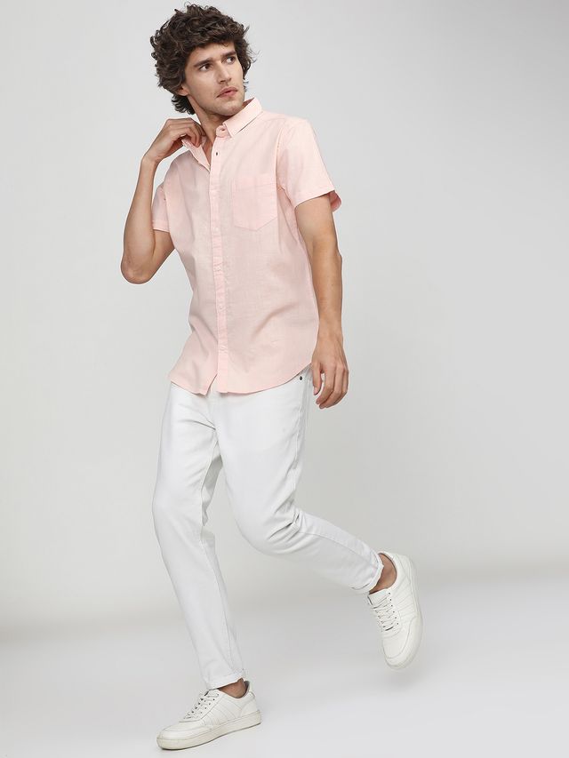 Ketch Men Slim Fit Solid Cut Away Collar Casual Shirt | Pink | M