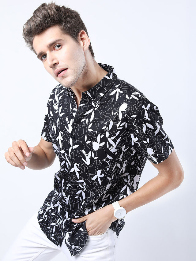Ketch Mens Printed Casual Slim Fit Shirt | Black/White - L