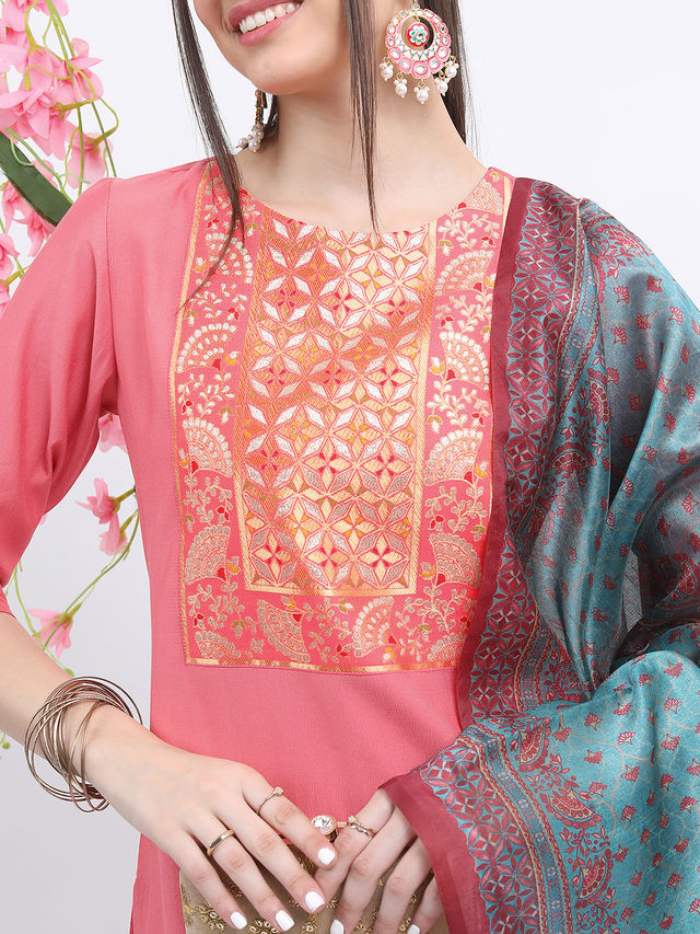 KETCH Women's Ethnic Motifs Printed Round Neck Kurta & Palazzos with Dupatta | Coral - S