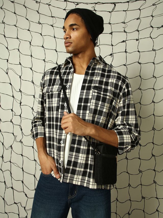 Hubberholme Men's Tartan Checked Double Pockets Textured Oversized Casual Shirt | Multicolor - 44