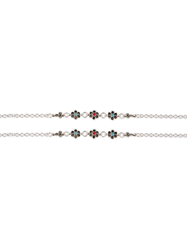 Priyaasi Silver Plated Minimal Anklet Set Of 2