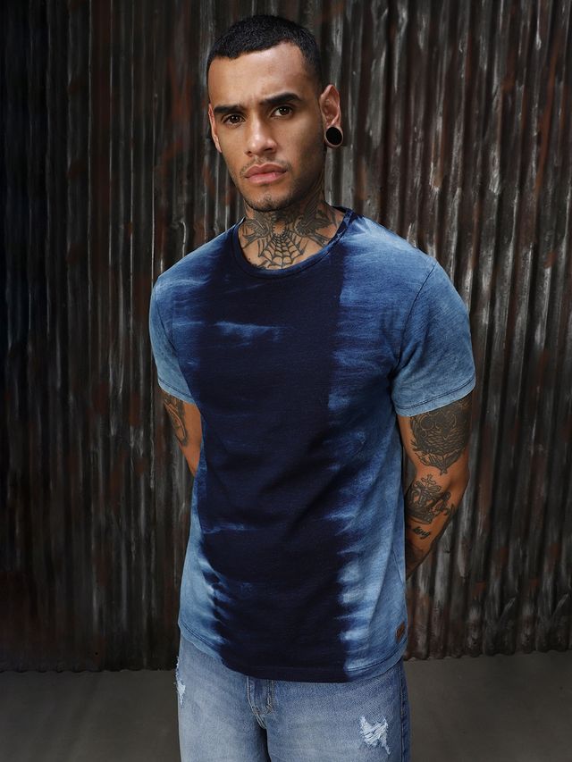 High Star Men's Tie & Dye Round Neck T-Shirt | Blue - L