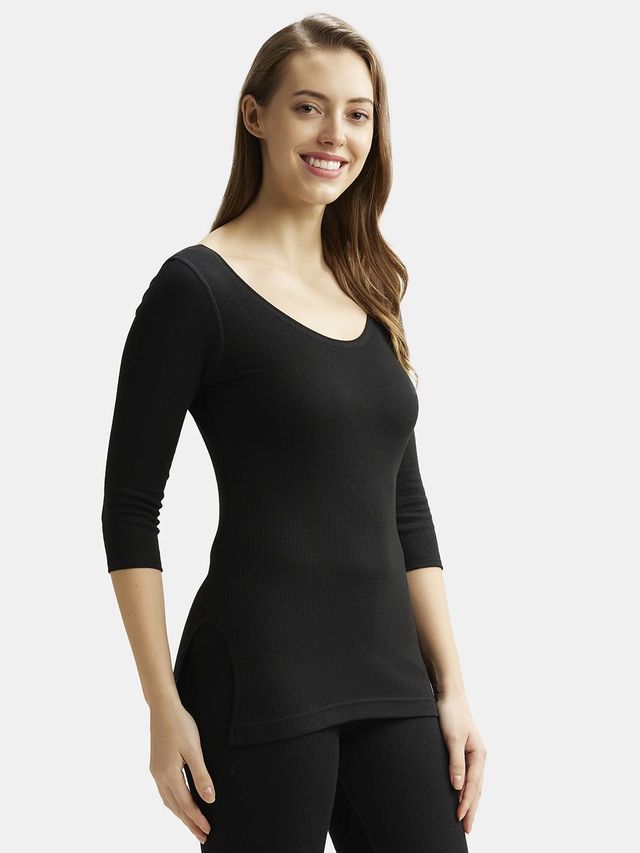 Jockey 2503 Women's Super Combed Cotton Rich 3/4 Sleeve Thermal Top | Black-M