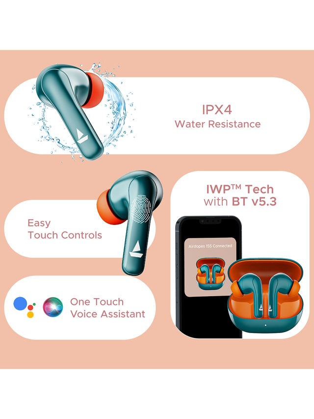 boAt Airdopes 155 Tws Earbuds W/ 40h Playtime, in-ear Detection, Quad Mics Enx Tech(Active Teal)