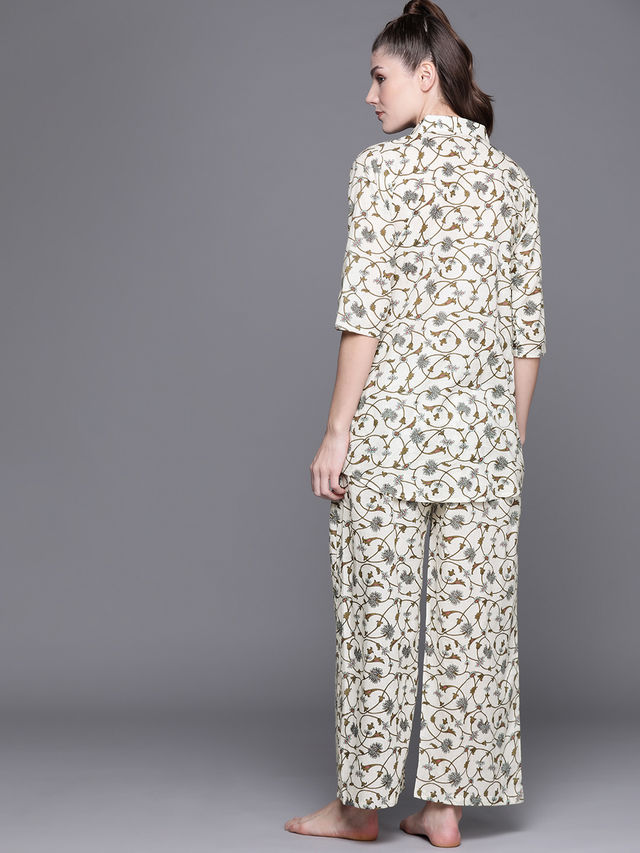 Libas Women White Cotton Shirt And White Cotton Pyjamas With Both Side Pocket - 50023XL