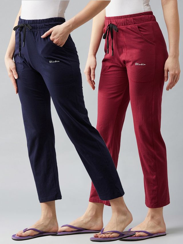 Blinkin Cotton Pyjamas For Women With Side Pockets (Pack Of 2) Maroon Navy - Xl