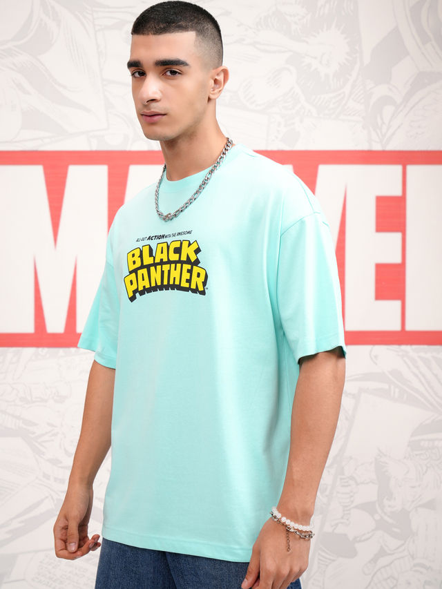 HIGHLANDER Men's Marvel Panther Round Neck Oversized Drop Shoulder Tshirt | Aqua - M