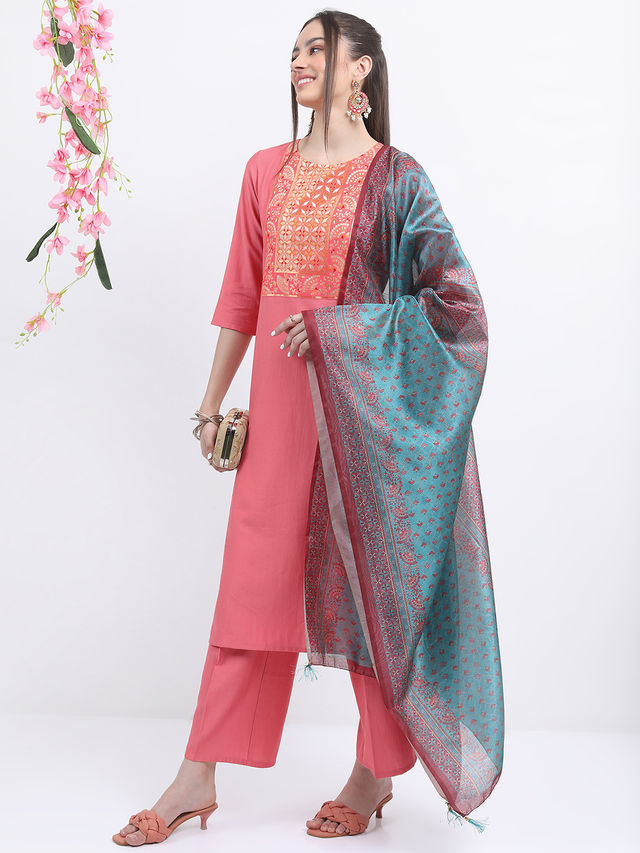 KETCH Women's Ethnic Motifs Printed Round Neck Kurta & Palazzos with Dupatta | Coral - S