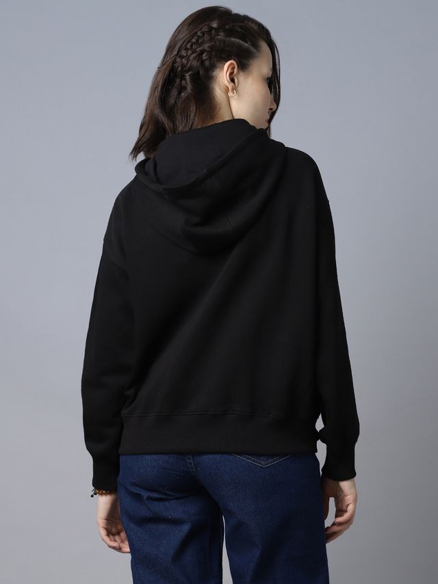 High Star Women's Typography Printed Hooded Pullover Sweatshirt | Black - S