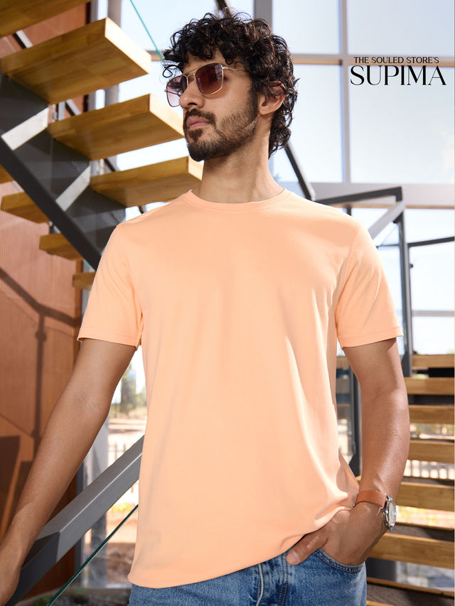 The Souled Store Men's Regular Supima- Peach Supima T-shirts | S