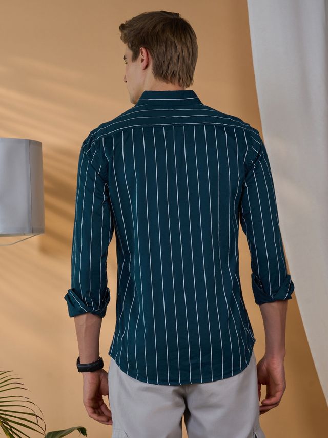 Dennis Lingo Men's Striped Slim Fit Casual Full Sleeve Shirt | Turquoise | S
