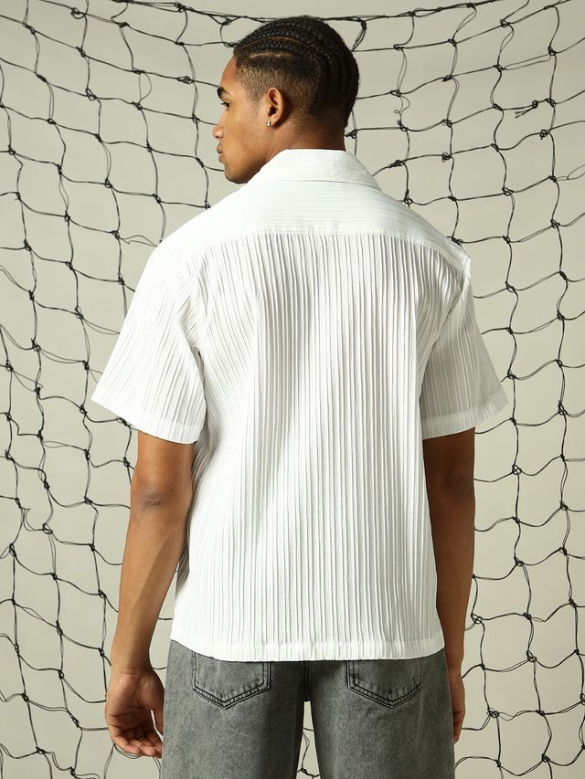 Hubberholme Men's Opaque Solid Cuban Collar Textured Fabric Oversized Casual Shirt | White - 40