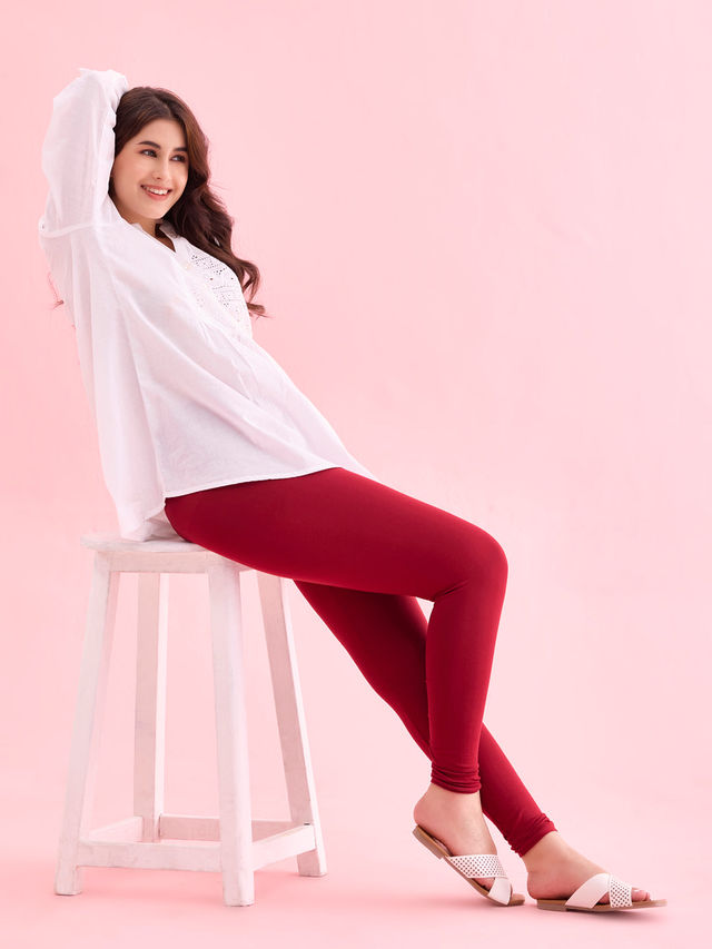 Go Colors Women's Solid Mid Rise Ankle Length Leggings | Bright Red - M