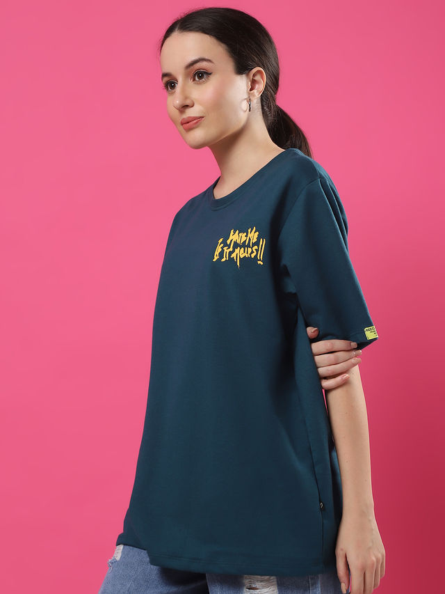 Rigo Women Terry Oversized Back Printed T-shirt | Teal - L