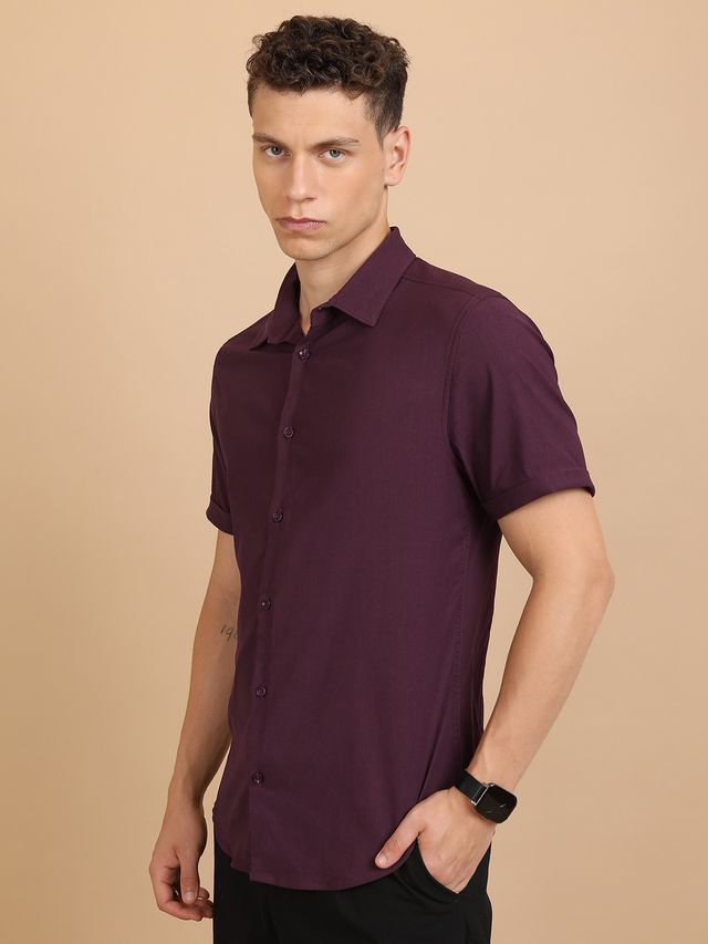 Ketch Men Solid Slim Fit Spread Collar Short Sleeves Casual Shirt | Maroon | S