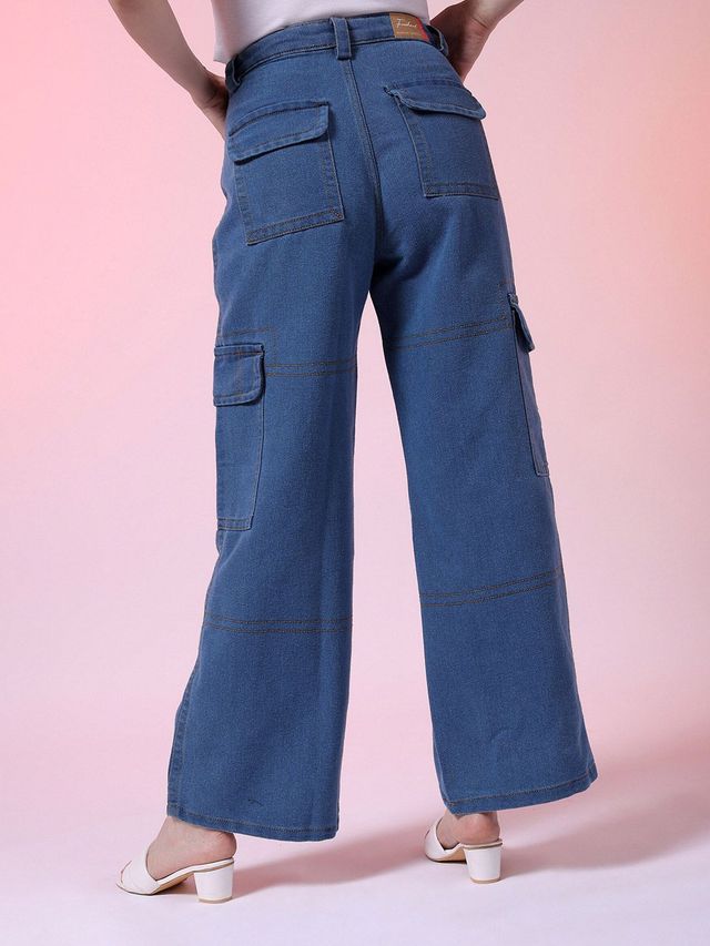 Freehand Women's Top Stitched Baggy Cargo Denim With Flap Pocket | Blue - 30