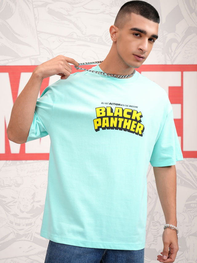 HIGHLANDER Men's Marvel Panther Round Neck Oversized Drop Shoulder Tshirt | Aqua - M