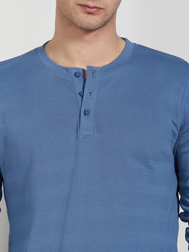 Dennis Lingo Men's Textured Henley Neck Cotton Regular Fit T-shirt | Mid Blue | L
