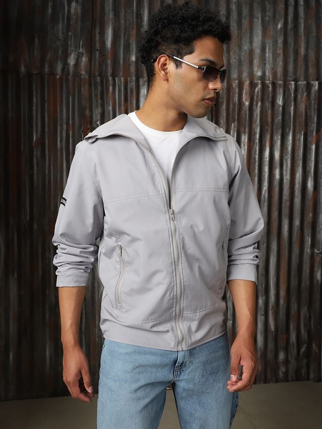 High Star Men's Windcheater Light Winters Hooded Bomber With Badge Detail Jacket | Gray - M