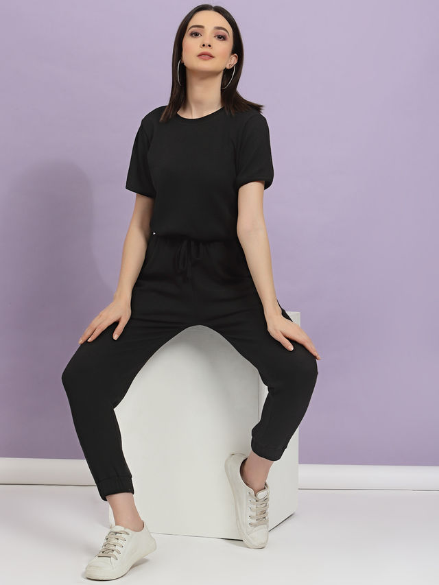 Rigo Women Waffle Knit Co-ord Set | Black - L