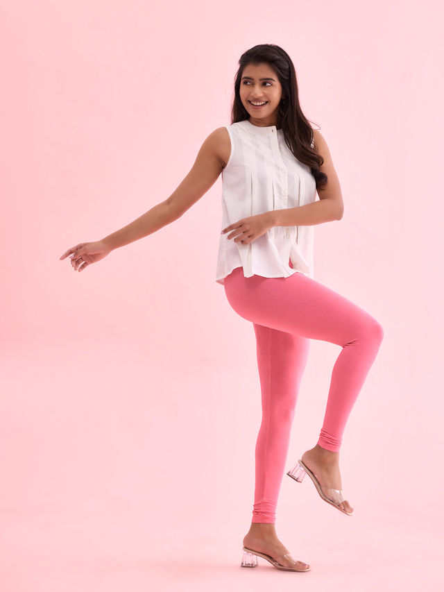 Go Colors Women's Solid Mid Rise Ankle Length Leggings | Young Pink - S