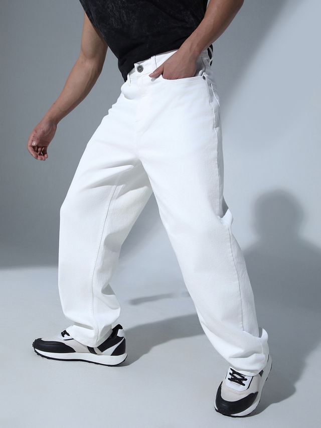 Hubberholme Men's 90's Relaxed Straight Fit Stretchable Jeans | White - 32