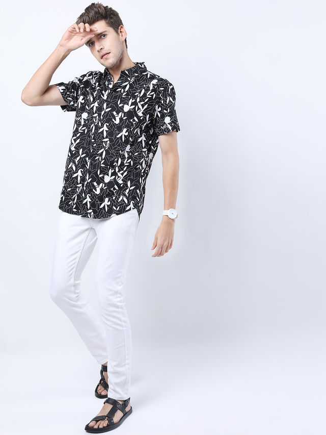 Ketch Mens Printed Casual Slim Fit Shirt | Black/White - L