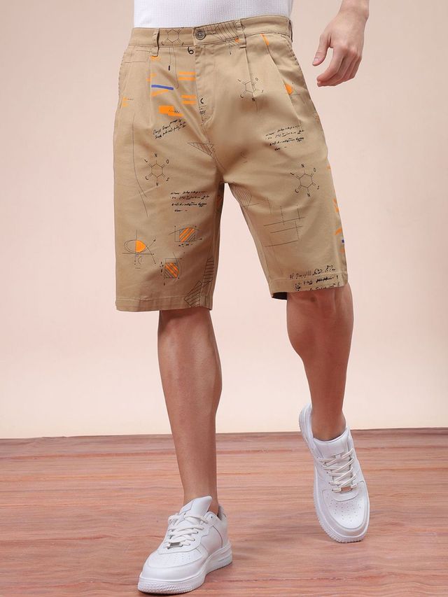 The Indian Garage Co Men s | Relaxed Fit Face Print Casual Pleated Shorts | Beige | 30