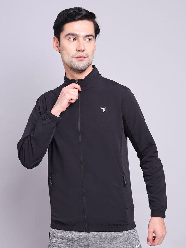 Technosport Men's Poly Solid Slim Fit Mock Neck Full Sleeve Sports Jacket | Black - XL
