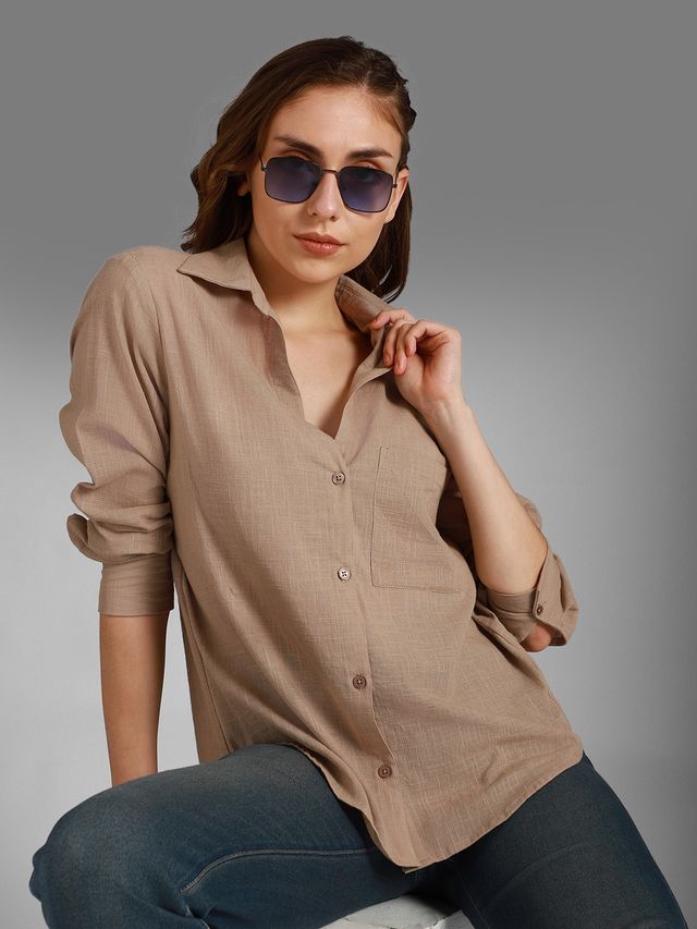 High Star Women Sand Classic Spread Collar Long Sleeves Cotton Casual Shirt (Size-XL)