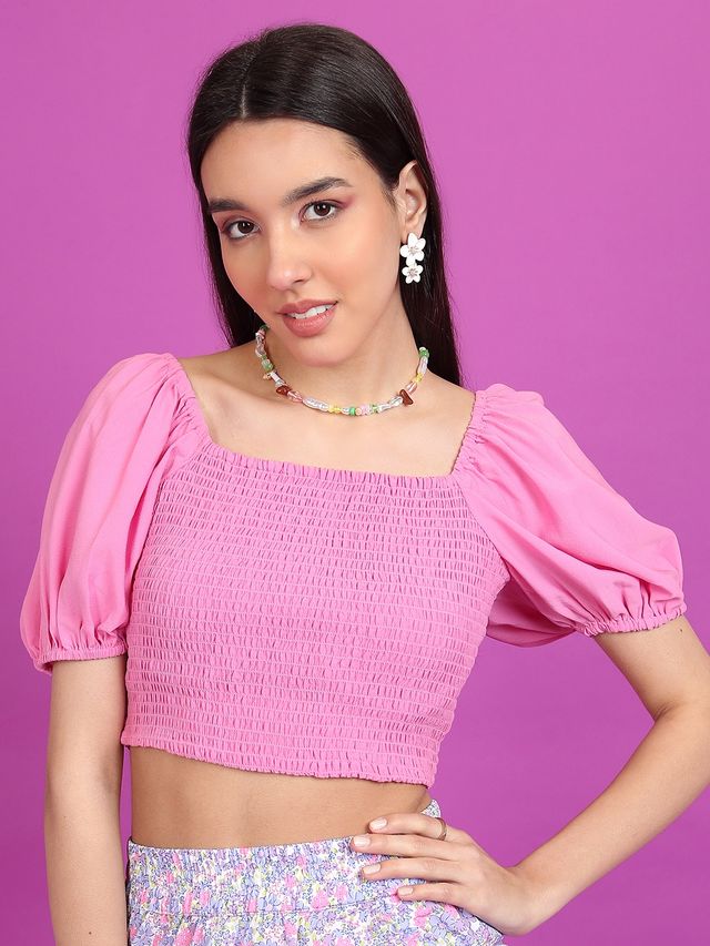 Ketch Women's Square Neck Puff Sleeve Smocked Crop Top | Pink - S