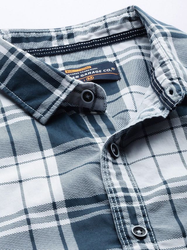 The Indian Garage Co Men's Slim Fit Checked Casual Shirt | White - S