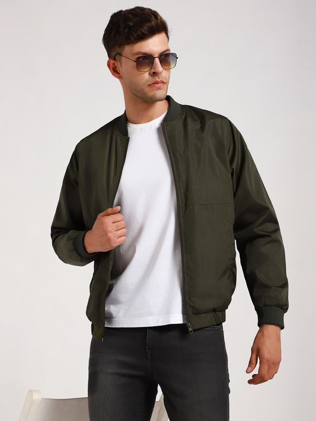 Dennis Lingo Men's Rib Collar Regular Fit Solid Green Jacket | Dlmjkw23022 - Gn | L