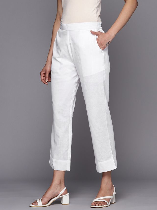 Libas Women White Cotton Side Slit Solid Trousers With Both Side Pockets - Pl1401L