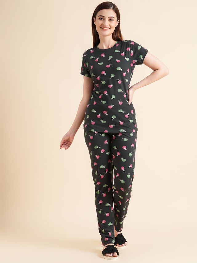 Sweet Dreams Women Printed Half Sleeves Top & Bottom Set Dark Green - XXL