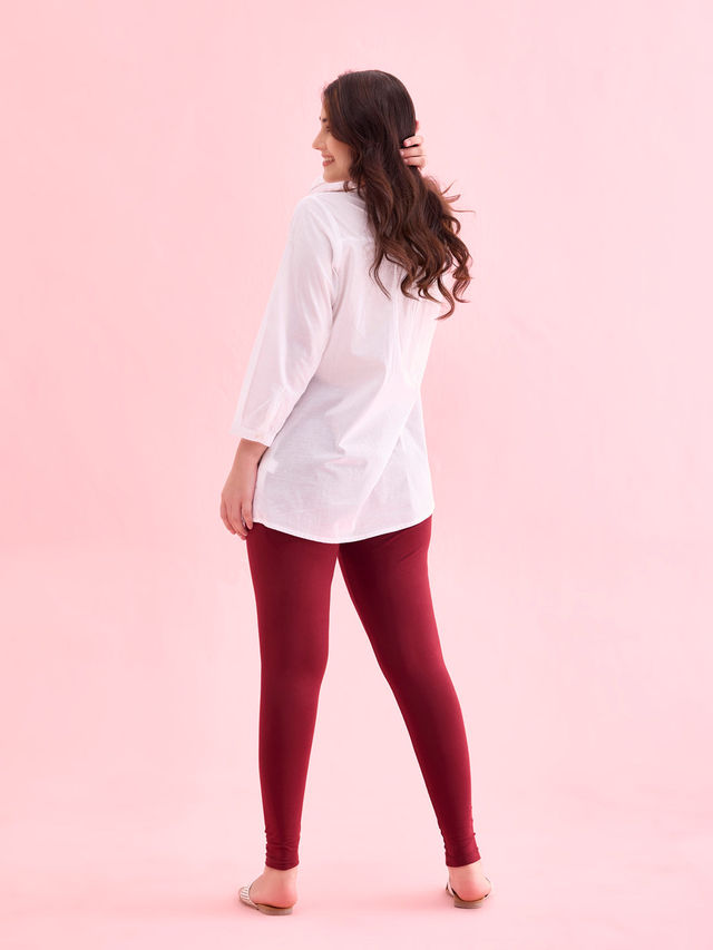 Go Colors Women's Solid Mid Rise Ankle Length Leggings | Maroon - 2XL