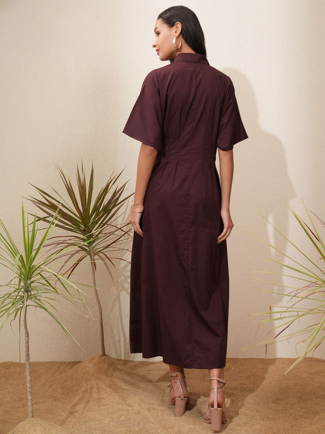 Tokyo Talkies Women's Fit and Flare Regular Sleeves Midi Dress | Brown - XL