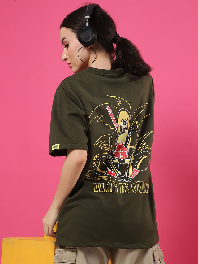 Rigo Women Terry Oversized Printed T-shirt | Army Green - L
