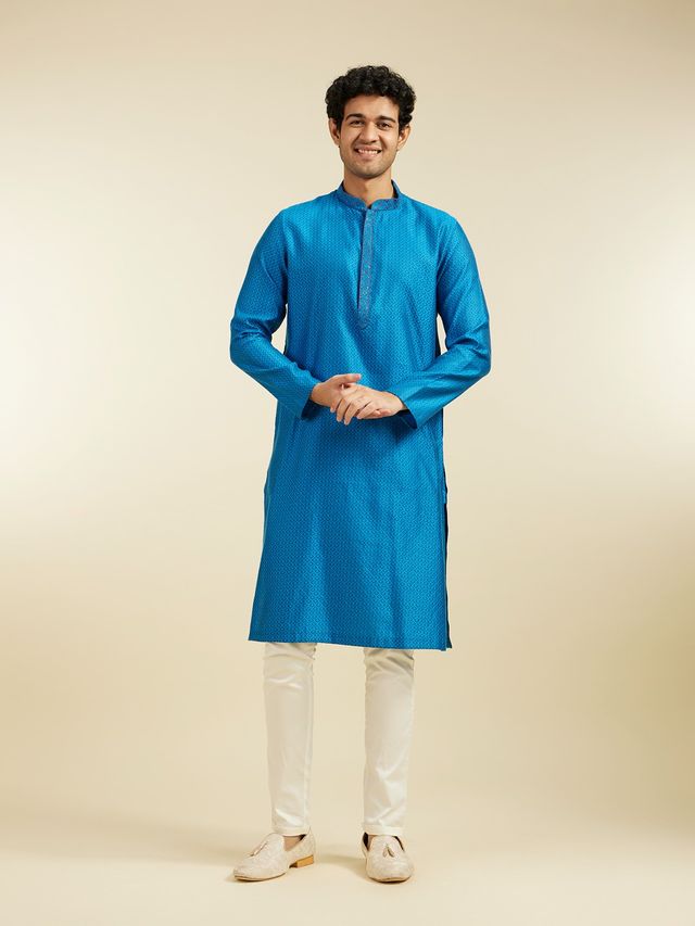 Diwas By Manyavar Blue Blended Viscose Self Design Kurta Set | XL
