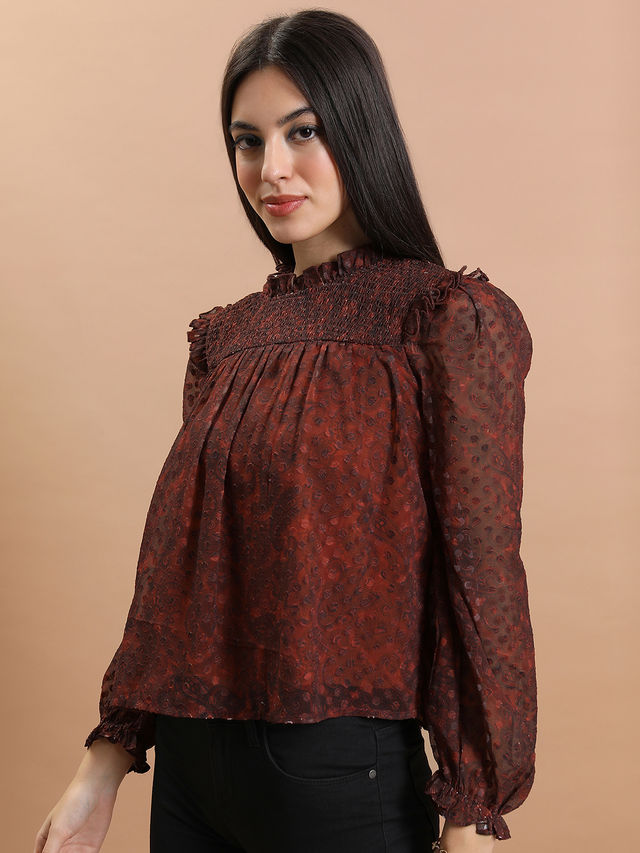Tokyo Talkies Women's Smocked Blouson Top | Rust - S