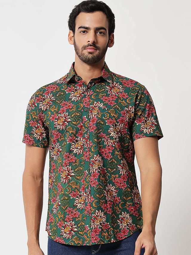 Sanskrutihomes Original Floral Printed Casual Shirt for Men | Green | M