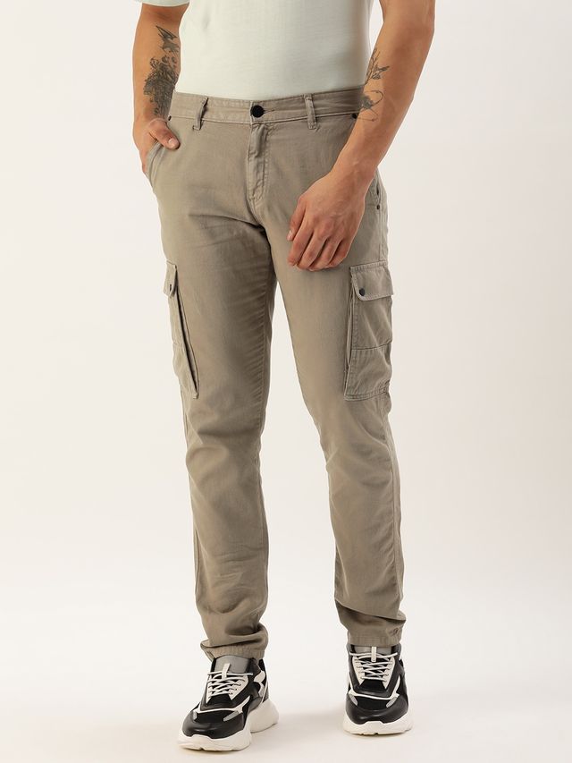 Ivoc Men s Solid Slim Fit Beige Cargos Trousers | 28