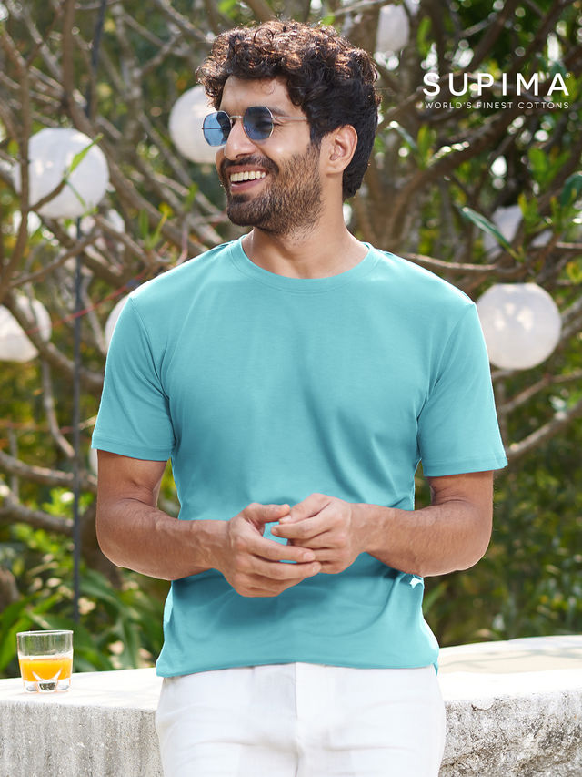 The Souled Store Men's Regular Supima- Airy Blue Supima T-shirts | L
