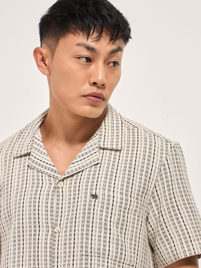 THE BEAR HOUSE Men's Pure Cotton Striped Regular Fit Shirt | TBH-PUNTILO-CR | Cream - L