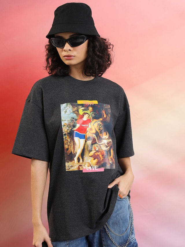 Tokyo Talkies Women's Graphic Printed Oversized T-Shirt | Charcoal - XL