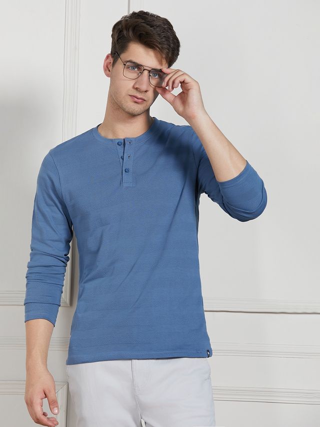 Dennis Lingo Men's Textured Henley Neck Cotton Regular Fit T-shirt | Mid Blue | L